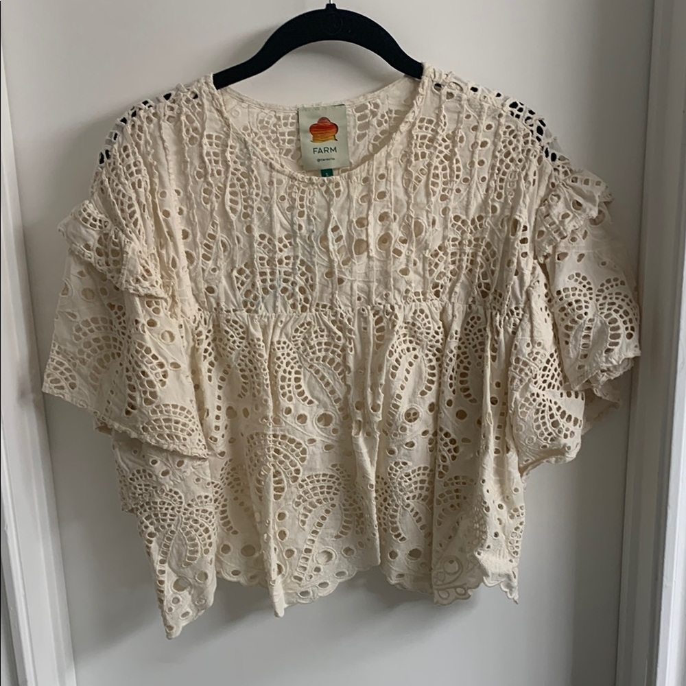FARM Rio Cream Cropped Blouse with Flutter Sleeves